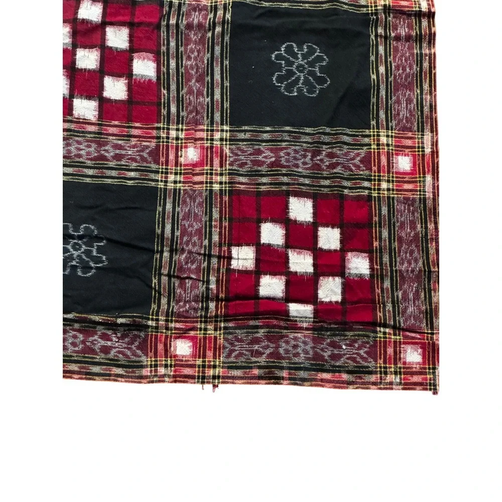 Sambalpuri Ikat Cotton Fabric Red Black Pasapalli Checkerboard Handloom Coverlet